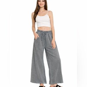 Zenana Ash Gray Black French Terry Wide Leg Lounge Pants High Rise Washed S M L